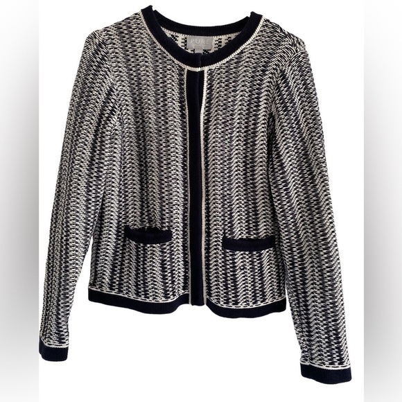 PURE COLLECTION Navy and White Cotton Nautical Snap Front Cardigan with Pockets - Picture 1 of 8